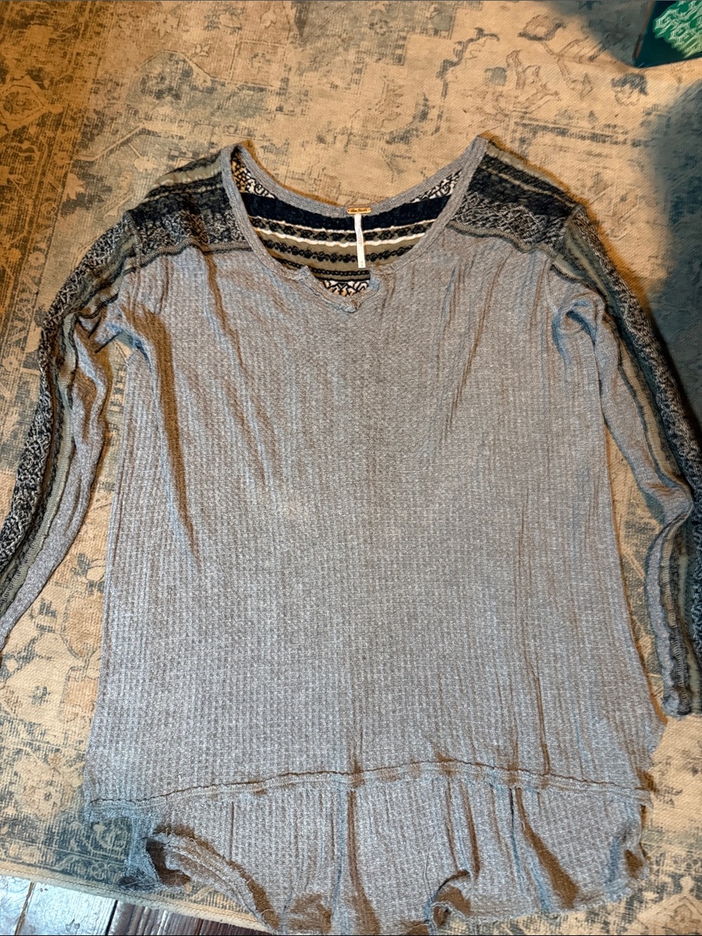 Free People Gray Ribbed Long-Sleeve Top with Lace Insets